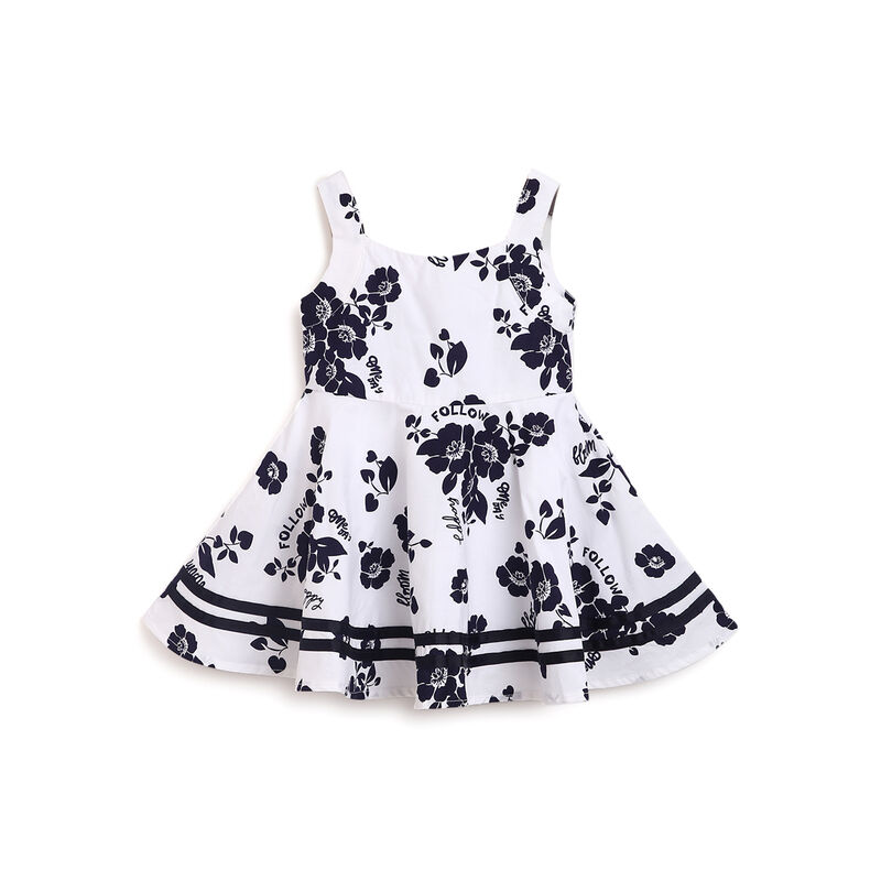 Girls White and Blue Printed Sleeveless Dress image number 0